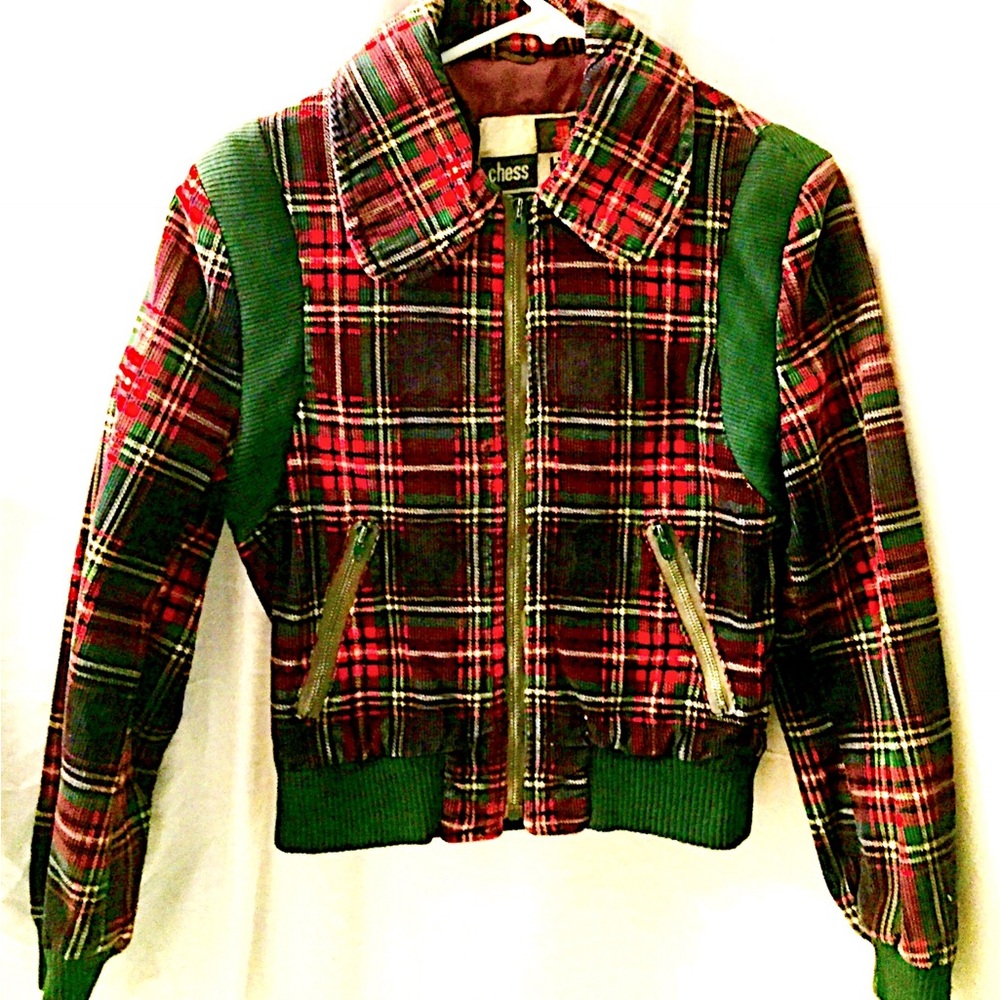 Amazing Vintage Red and Black Plaid Corduroy Jacket with Green Trim - OOAK!